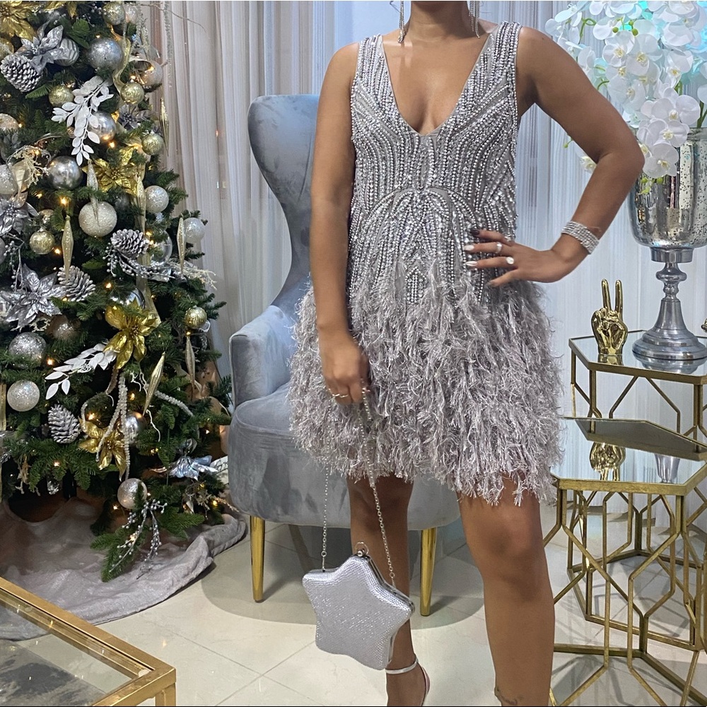Crystal and bead mini dress feather hem in lilac